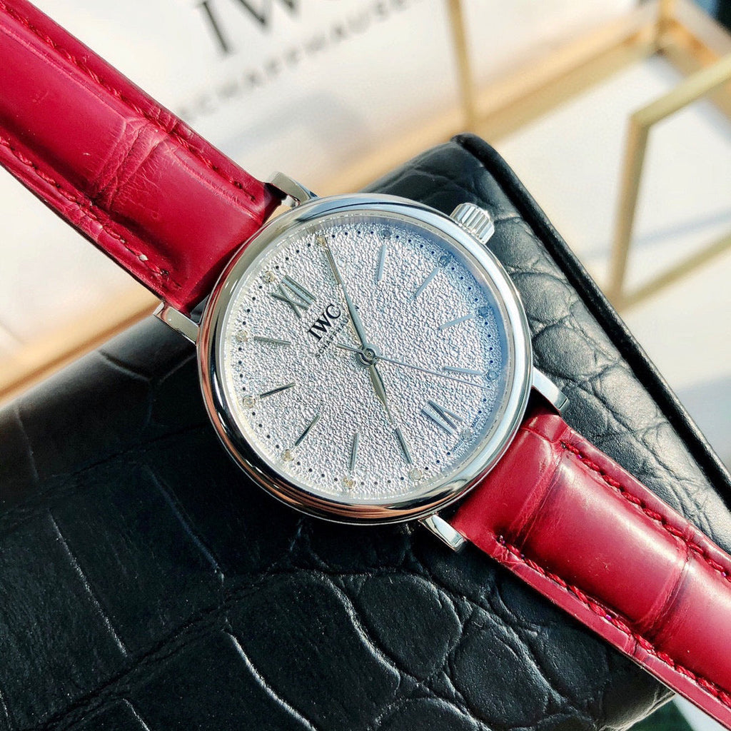 IWC Portofino Automatic Diamonds Silver Dial Red Leather Strap Watch for Women - IW357408 Buy Now By IWC