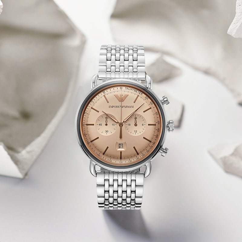 Emporio Armani Aviator Chronograph Beige Dial Silver Steel Strap Watch For Men - AR11239 Buy Now By Emporio Armani