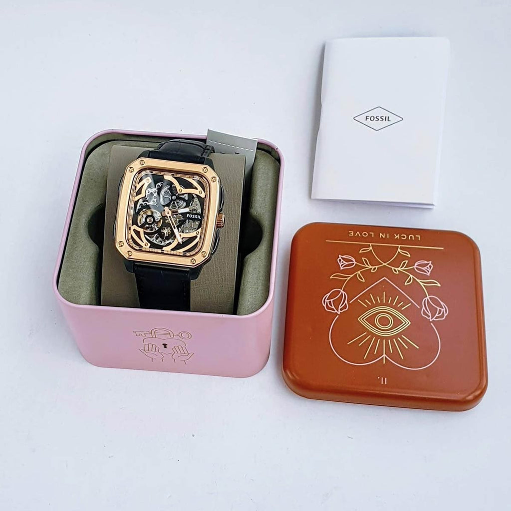 Fossil Inscription Automatic Skeleton Rose Gold Dial Black Leather Strap Watch for Men - BQ2572 Buy Now By Fossil