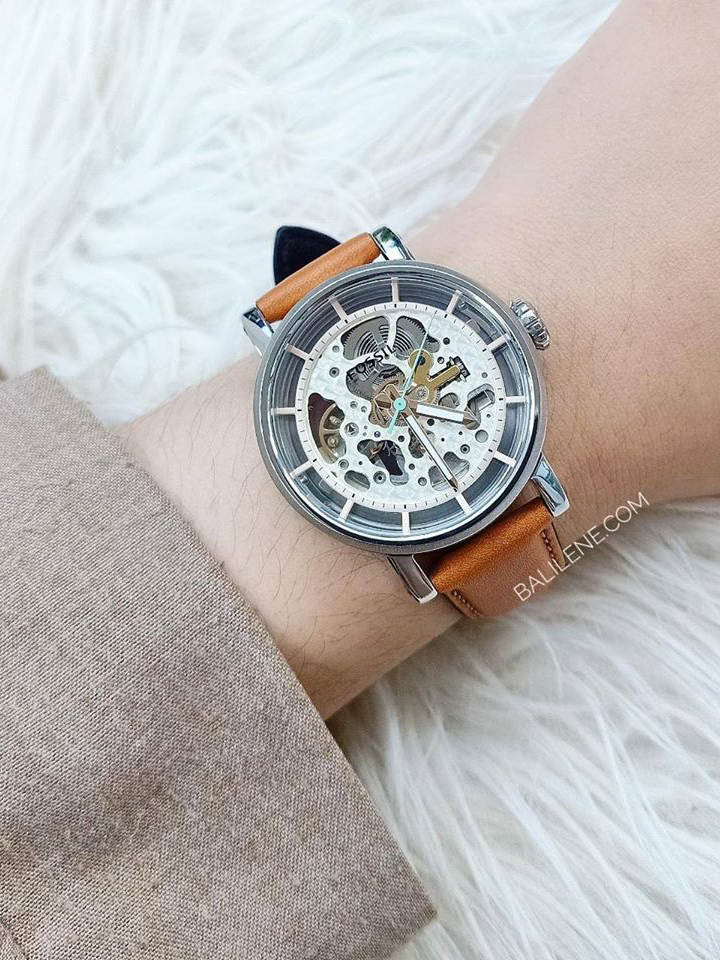 Fossil Boyfriend Automatic Skeleton Silver Dial Brown Leather Strap Watch for Women - ME3109 Buy Now By Fossil
