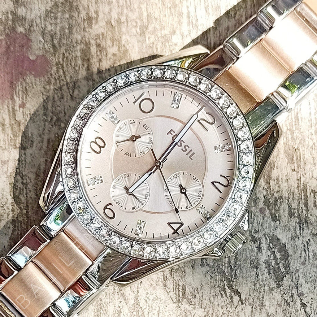 Fossil Riley Multifunction Rose Gold Dial Two Tone Steel Strap Watch for Women - ES4145 Buy Now By Fossil