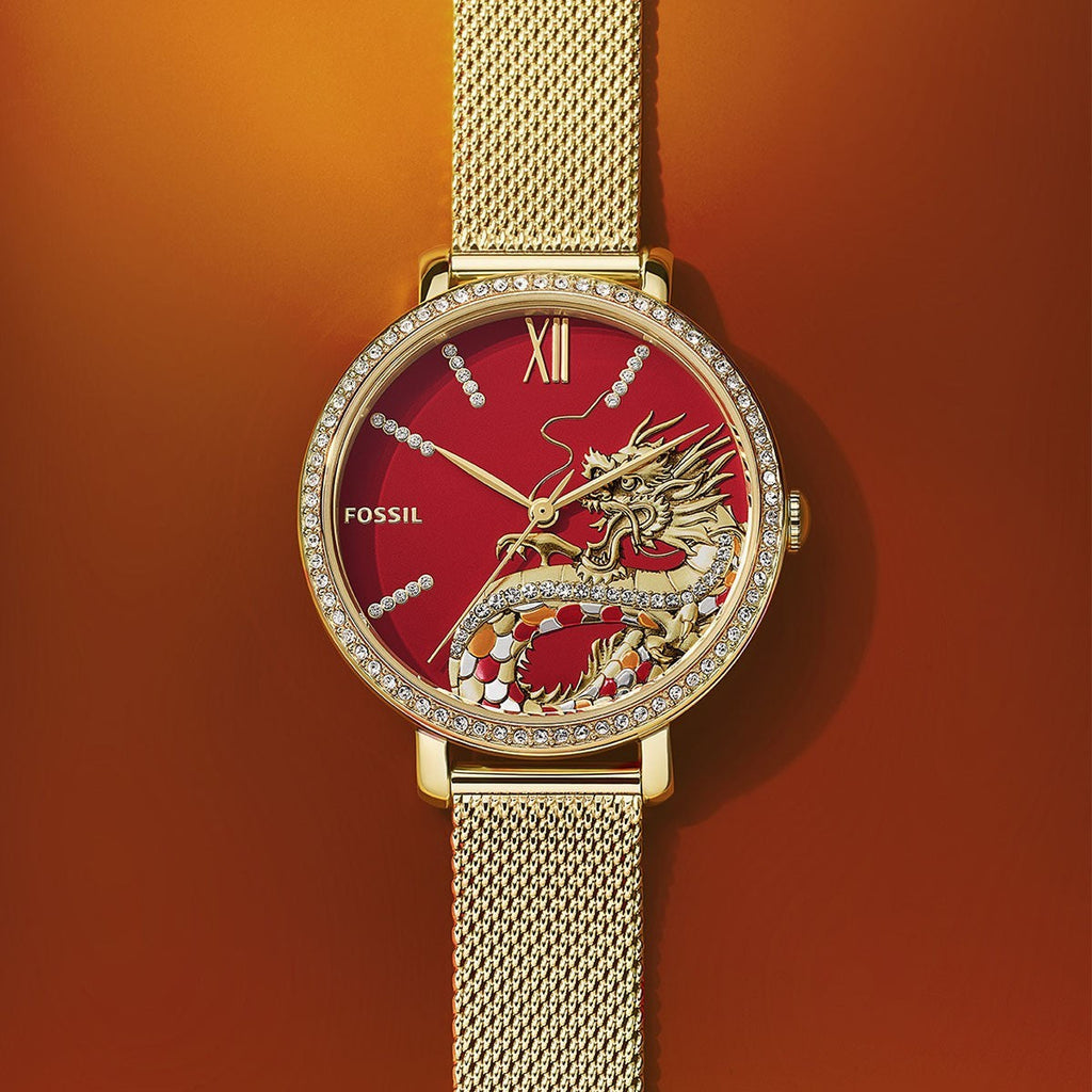 Fossil Jacqueline Dragonsteel Limited Edition Red Dial Gold Mesh Strap Watch for Women - ES5316 Buy Now By Fossil
