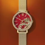 Fossil Jacqueline Dragonsteel Limited Edition Red Dial Gold Mesh Strap Watch for Women - ES5316 Buy Now By Fossil