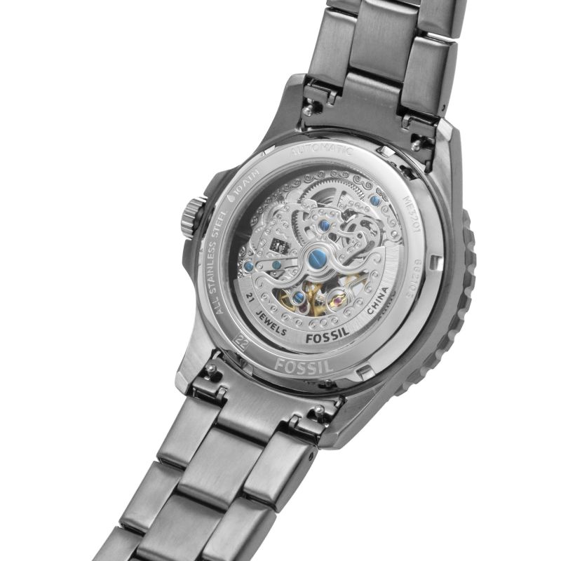 Fossil FB-01 Automatic Skeleton Black Dial Grey Steel Strap Watch for Men - ME3201 Buy Now By Fossil