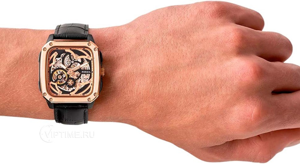 Fossil Inscription Automatic Skeleton Rose Gold Dial Black Leather Strap Watch for Men - BQ2572 Buy Now By Fossil