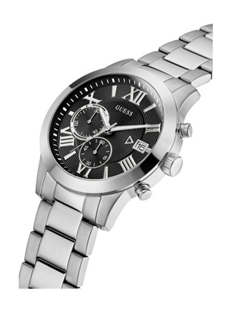 Guess Atlas Chronograph Black Dial Silver Steel Strap Watch For Men - W0668G3 Buy Now By Guess