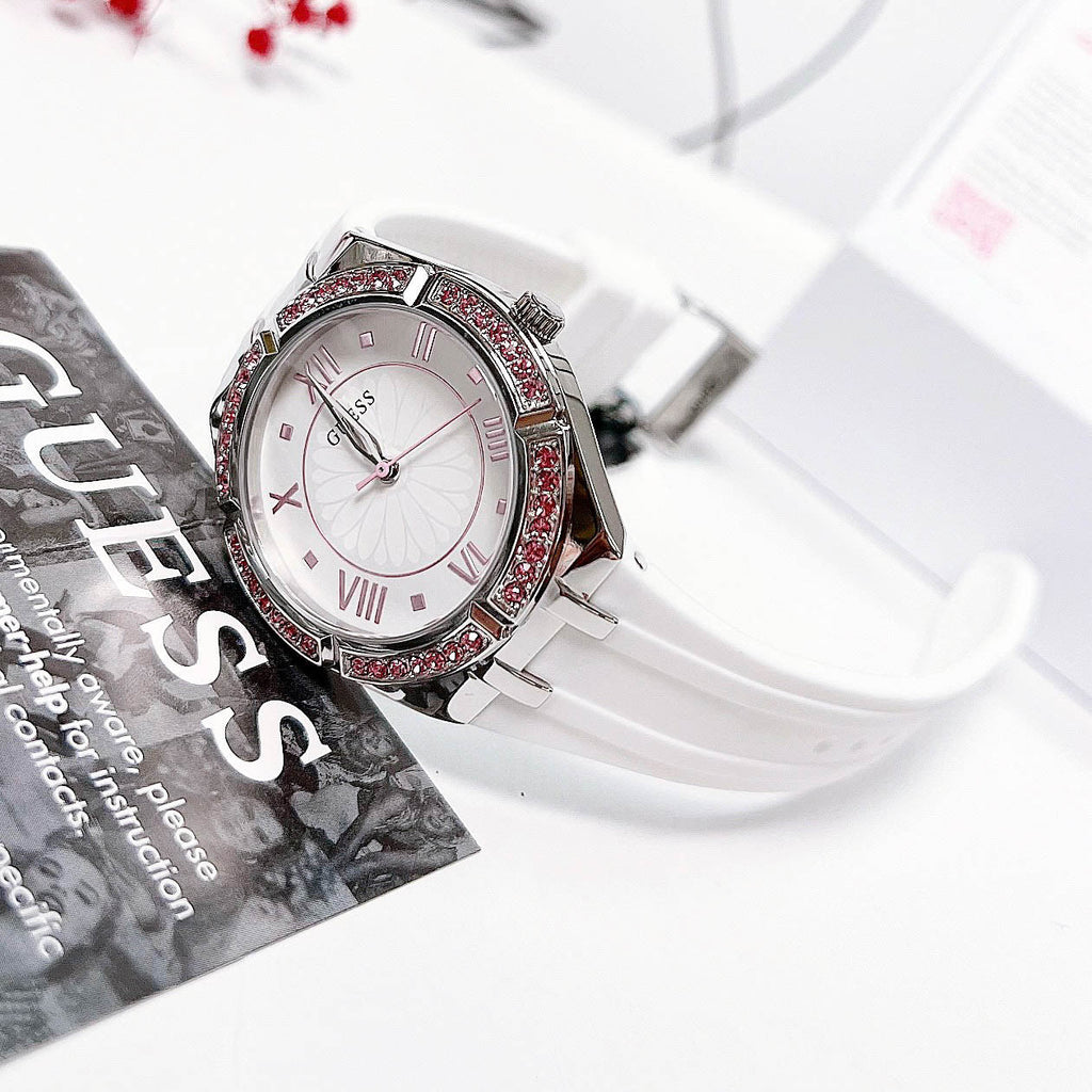 Guess Sparkling Silver Dial White Rubber Strap Watch For Women - GW0032L1 Buy Now By Guess