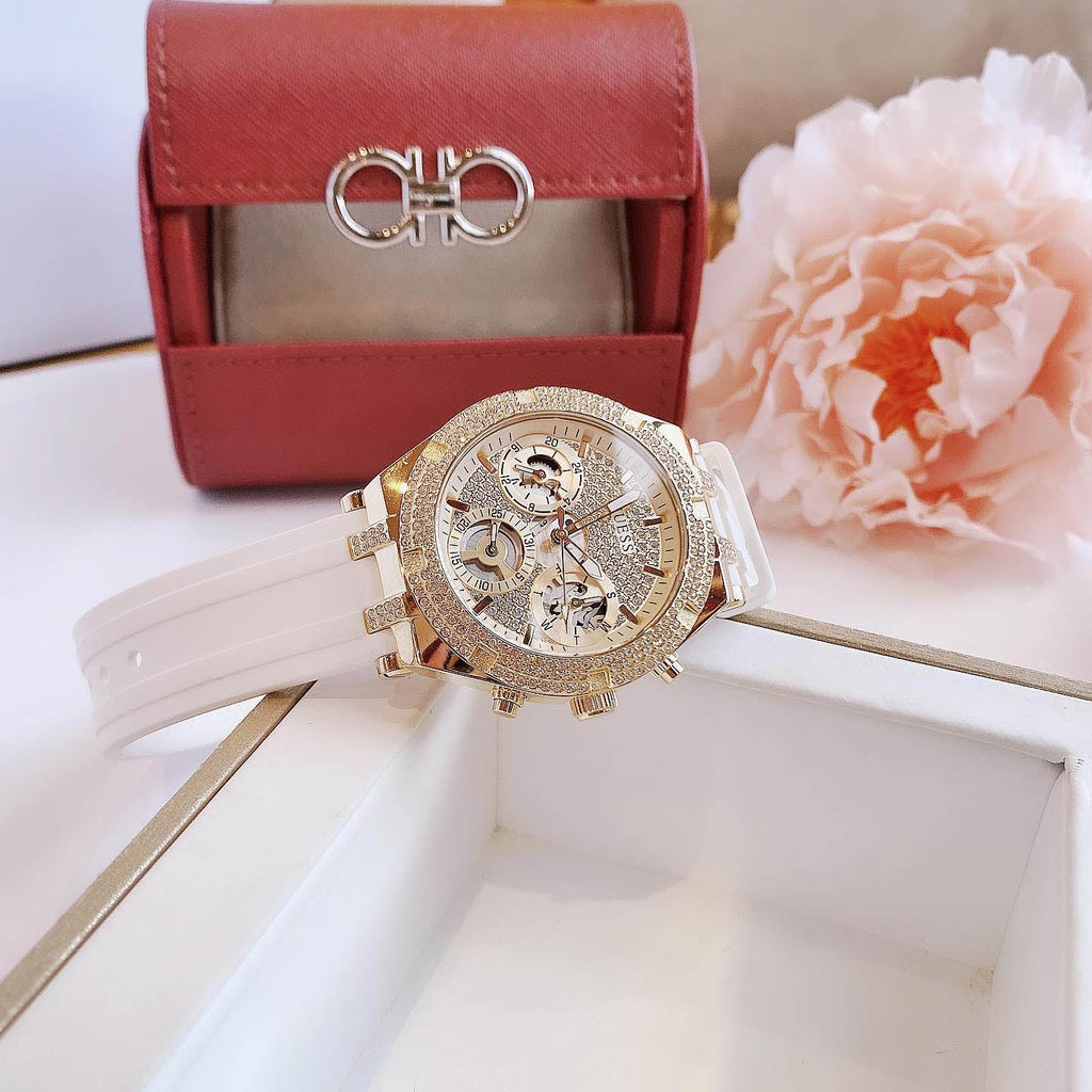 Guess Heiress Diamonds Gold Dial White Rubber Strap Watch for Women - GW0407L2 Buy Now By Guess