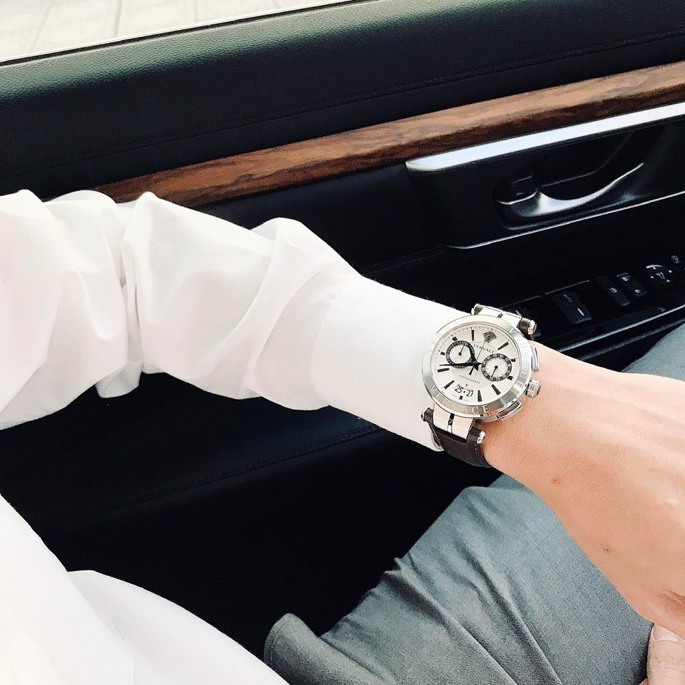 Versace Aion Chronograph White Dial Brown Leather Strap Watch for Men - VBR010017 Buy Now By Versace