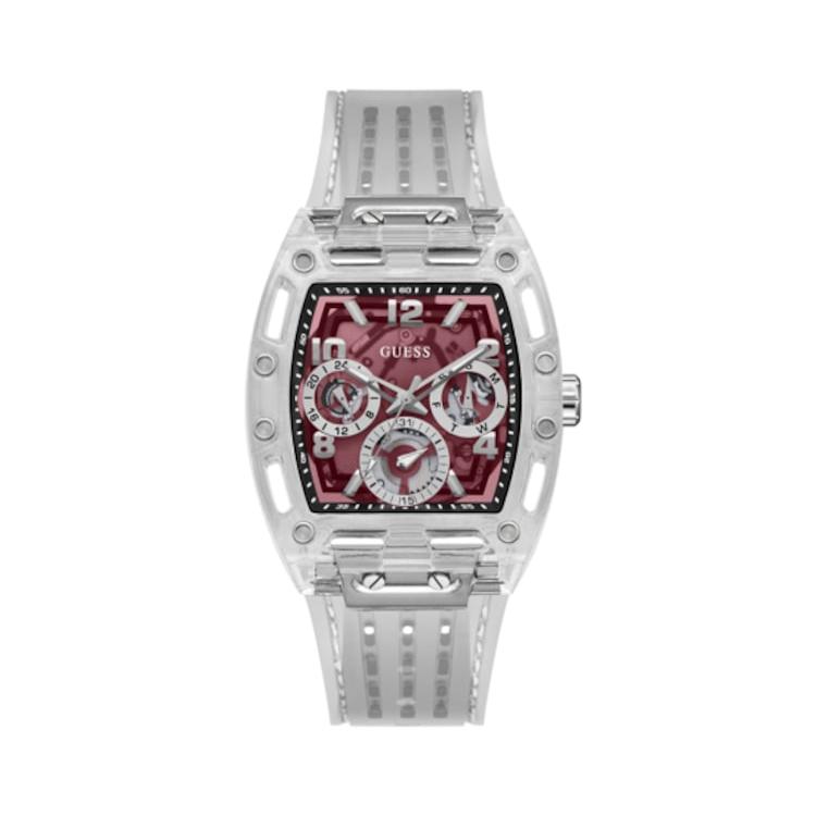 Guess Phoenix Quartz Burgundy Dial Transparent Silicone Strap Watch For Men - GW0499G9 Buy Now By Guess