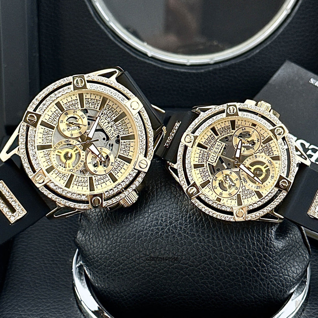 Guess King Quartz Crystals Gold Dial Black Silicone Strap Watch For Men - GW0537G2 Buy Now By Guess