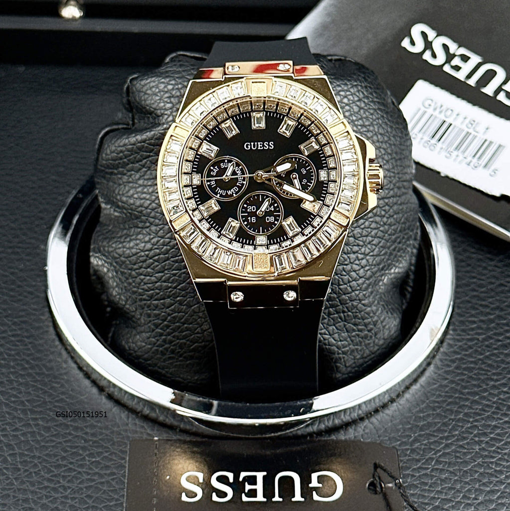 Guess Baguette Crystals Black Dial Black Silicone Strap Watch For Men - GW0208G1 Buy Now By Guess