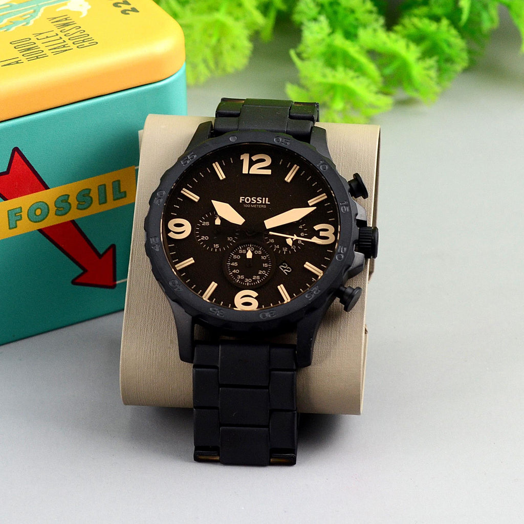 Fossil Nate Chrongraph Ion Plated Black Dial Black Steel Strap Watch for Men - JR1356