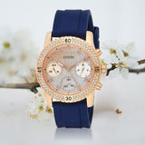 Guess Confetti Diamonds Gold Dial Blue Rubber Strap Watch For Women - W1098L6 Buy Now By Guess