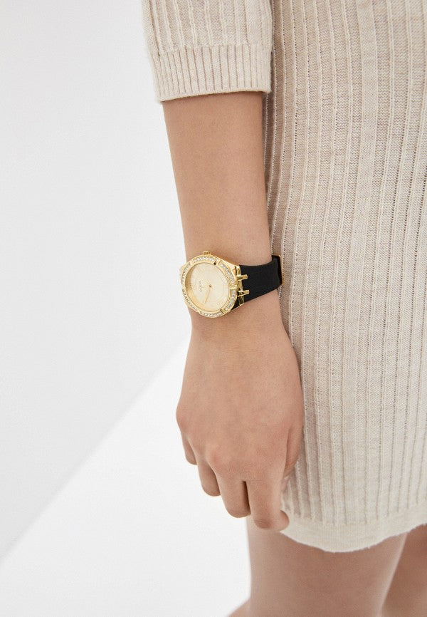 Guess Cosmo Diamonds Gold Dial Black Rubber Strap Watch for Women - GW0034L1 Buy Now By Guess