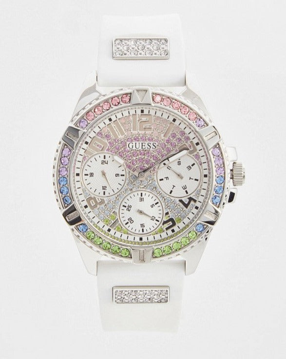 Guess Frontier Diamonds Silver Dial White Rubber Strap Watch for Women - GW0045L1 Buy Now By Guess