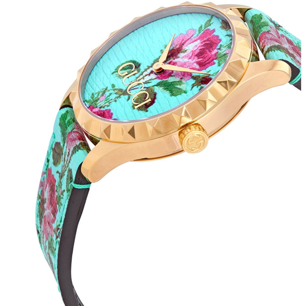 Gucci G Timeless Floral Turquoise Dial Turquoise Leather Strap Watch For Women - YA1264085 Buy Now By Gucci