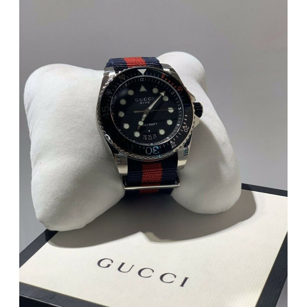 Gucci Dive Black Dial Red & Blue Nylon Strap Watch For Men - YA136210 Buy Now By Gucci