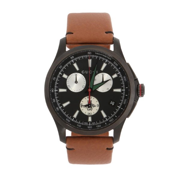 Gucci G-Timeless Chronograph Black Dial Brown Leather Strap Watch For Men - YA126271 Buy Now By Gucci