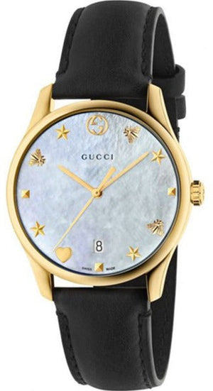Gucci G-Timeless Mother of Pearl Dial Black Leather Strap Watch For Women - YA126589 Buy Now By Gucci