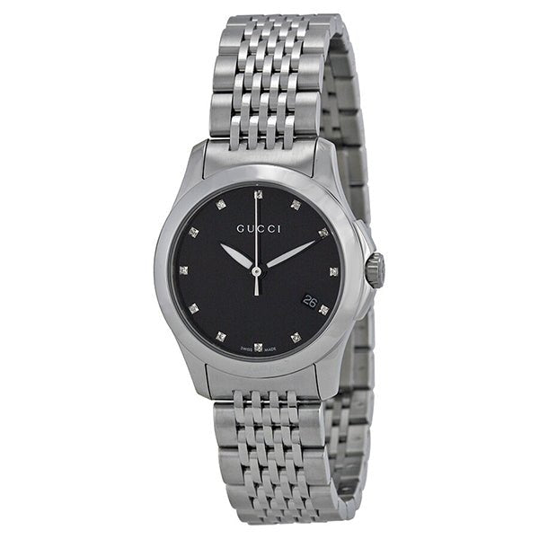 Gucci G Timeless Diamonds Mother of Pearl Black Dial Silver Steel Strap Watch For Women - YA126505 Buy Now By Gucci