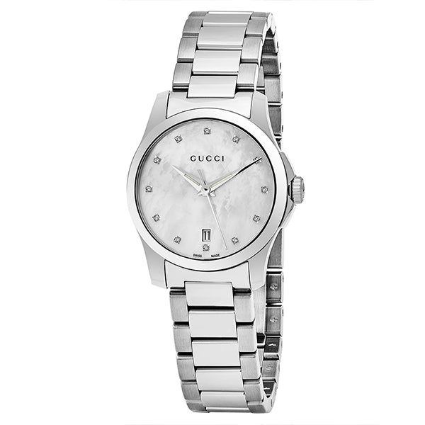 Gucci G Timeless Diamonds Mother of Pearl Dial Silver Steel Strap Watch For Women - YA126542 Buy Now By Gucci