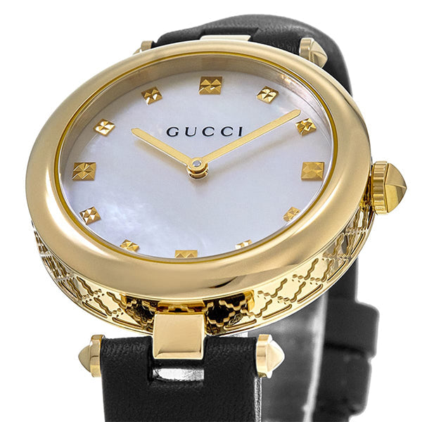 Gucci Diamantissima Quartz Mother of Pearl Dial Black Leather Strap Watch for Women - YA141404 Buy Now By Gucci