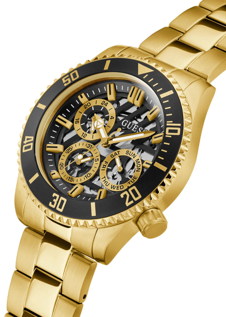 Guess Axle Multifunction Black Dial Gold Steel Strap Watch For Men - GW0488G2 Buy Now By Guess