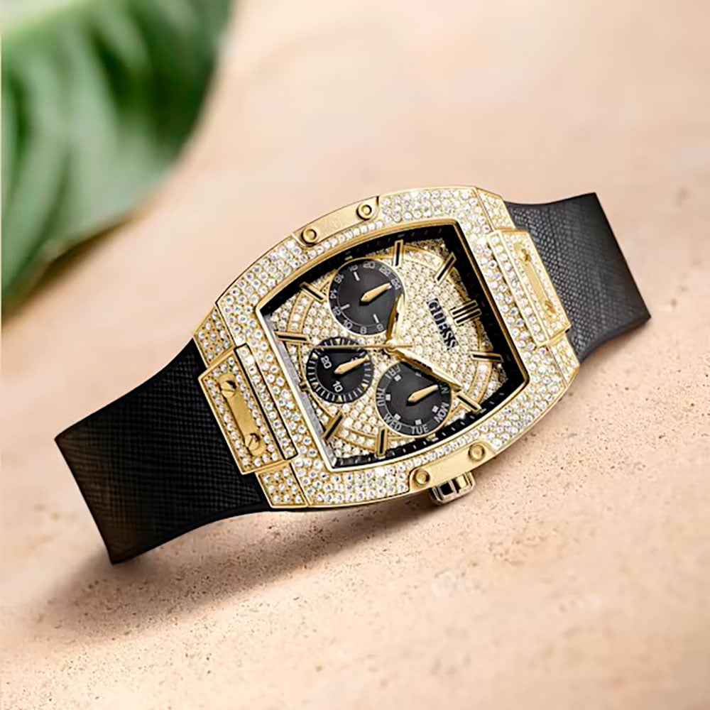 Guess Phoenix Multifunction Crystals Gold Dial Black Silicone Strap Watch For Men - GW0048G2 Buy Now By Guess
