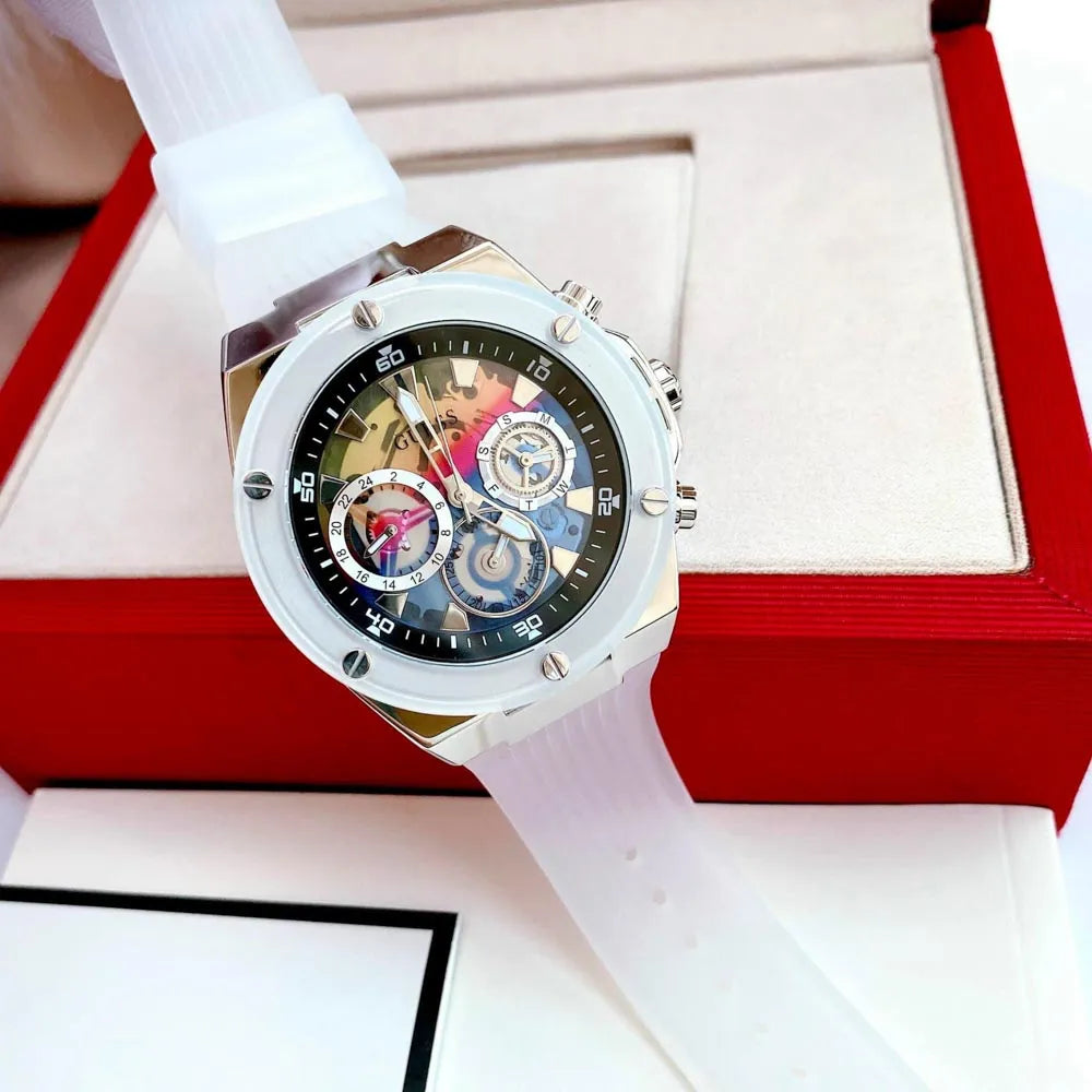 Guess Poseidon Chronograph Rainbow Dial White Silicone Strap Watch For Men - GW0425G4 Buy Now By Guess