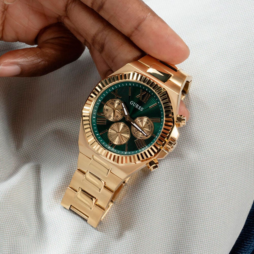Guess Equity Analog Green Dial Gold Steel Strap Watch For Men - GW0703G2 Buy Now By Guess