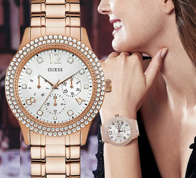 Guess Bedazzle Diamonds Silver Dial Rose Gold Steel Strap Watch For Women - W1097L3 Buy Now By Guess