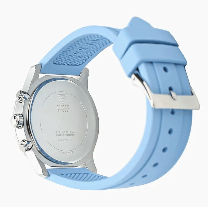 Guess Confetti Crystal Silver Dial Blue Rubber Strap Watch For Women - W1098L3 Buy Now By Guess