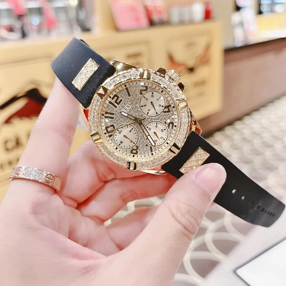 Guess Frontier Diamonds Gold Dial Black Rubber Strap Watch For Women - W1160L1