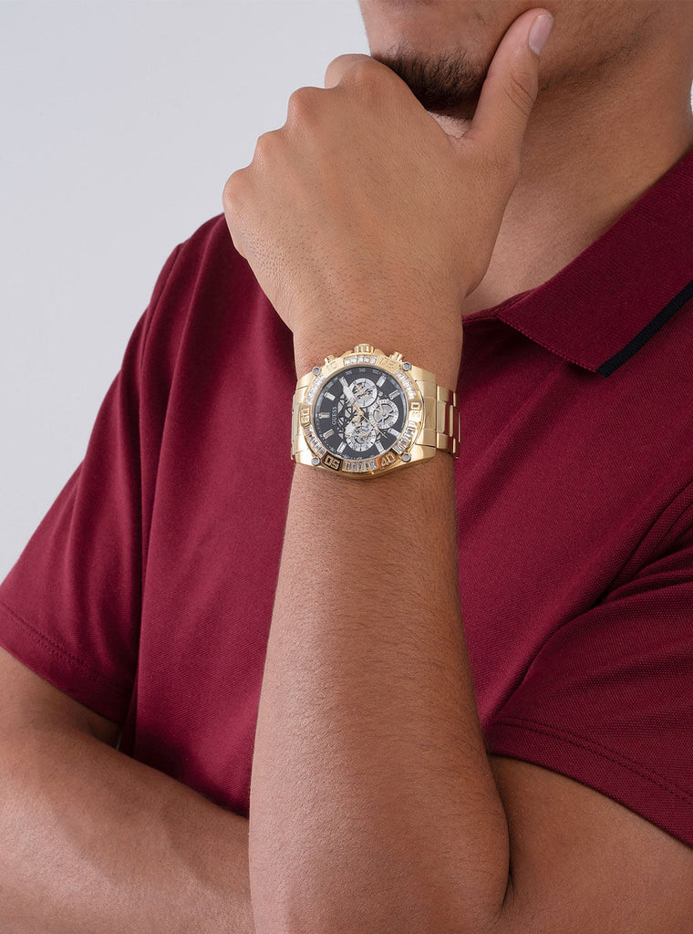 Guess Trophy Diamonds Black Dial Gold Steel Strap Watch for Men - GW0390G2 Buy Now By Guess