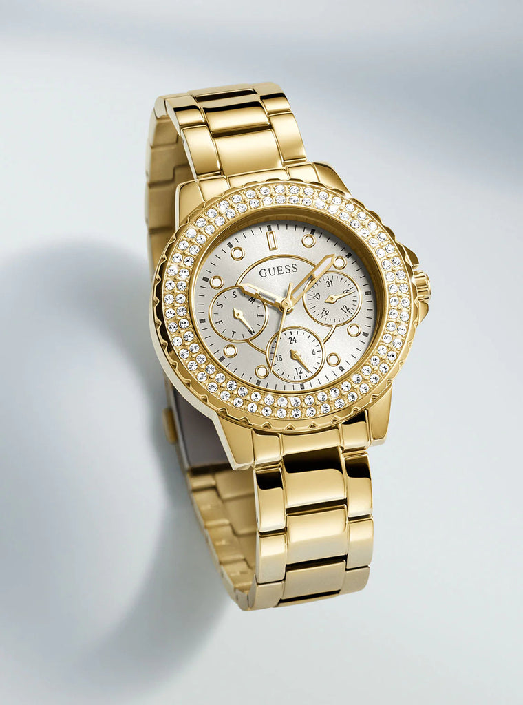 Guess Crown Jewel Diamonds White Dial Gold Steel Strap Watch for Women - GW0410L2 Buy Now By Guess