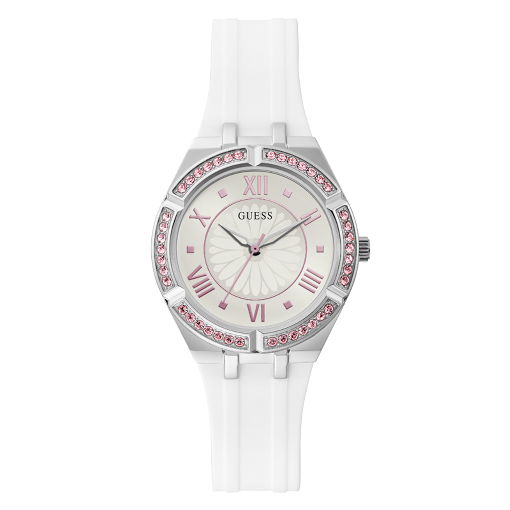 Guess Sparkling Silver Dial White Rubber Strap Watch For Women - GW0032L1 Buy Now By Guess