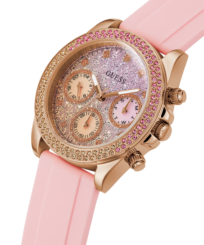Guess Sparkling Chronograph Crystals Pink Dial Pink Silicone Strap Watch For Women - GW0032L4 Buy Now By Guess