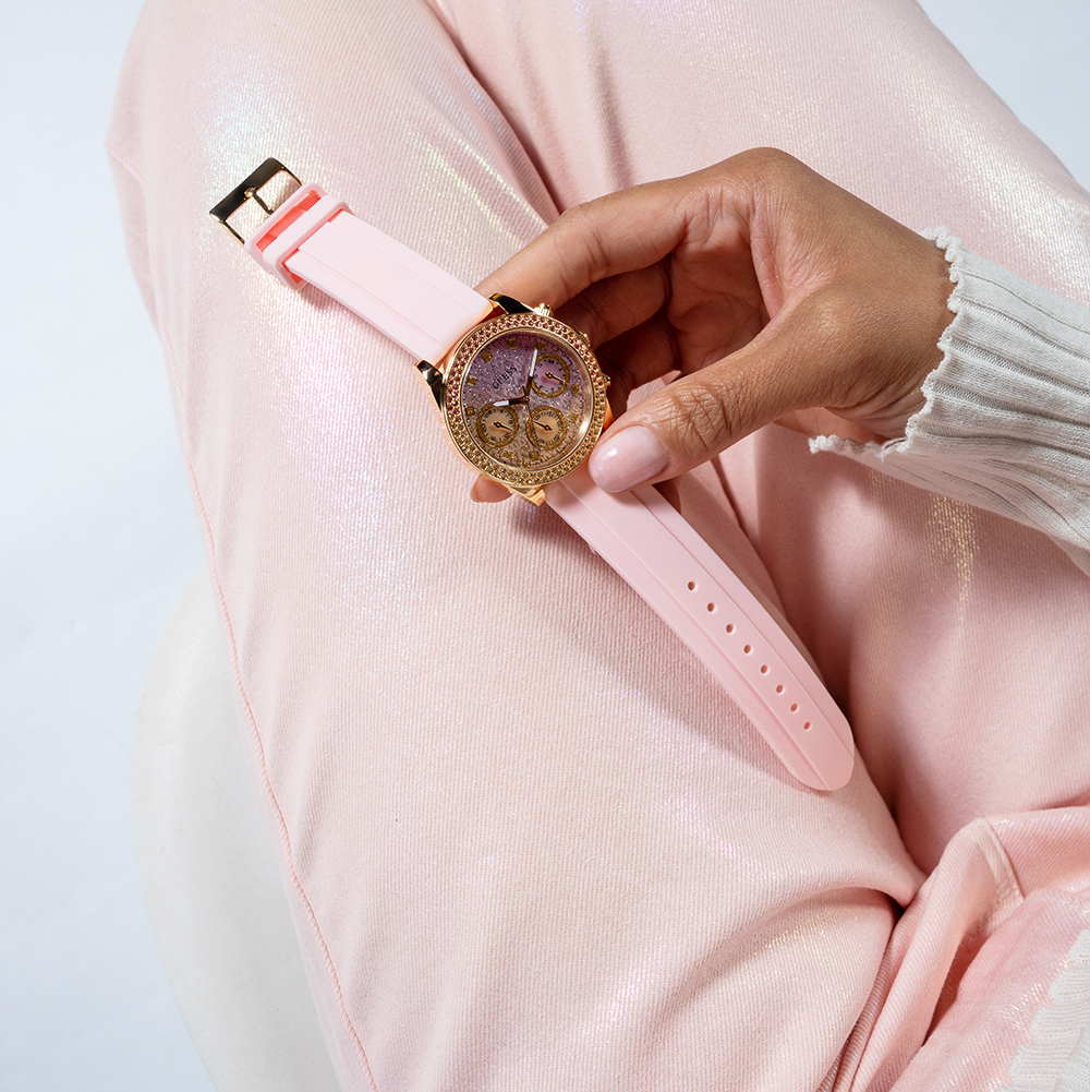 Guess Sparkling Chronograph Crystals Pink Dial Pink Silicone Strap Watch For Women - GW0032L4 Buy Now By Guess