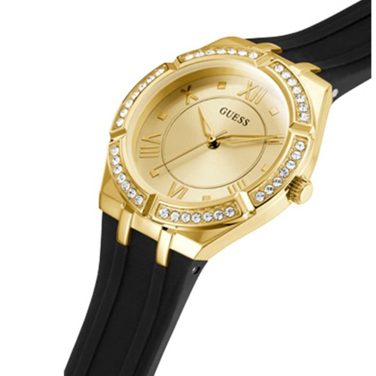 Guess Cosmo Diamonds Gold Dial Black Rubber Strap Watch for Women - GW0034L1 Buy Now By Guess