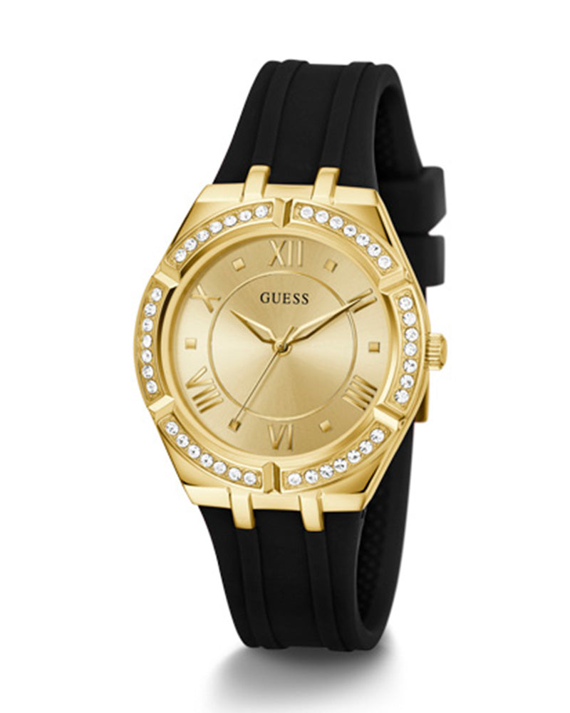 Guess Cosmo Diamonds Gold Dial Black Rubber Strap Watch for Women - GW0034L1 Buy Now By Guess