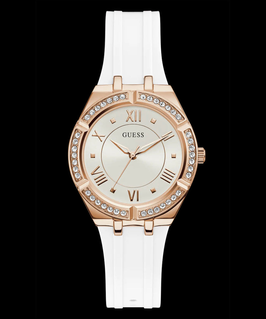 Guess Cosmo Diamonds Silver Dial White Rubber Strap Watch for Women - GW0034L2 Buy Now By Guess