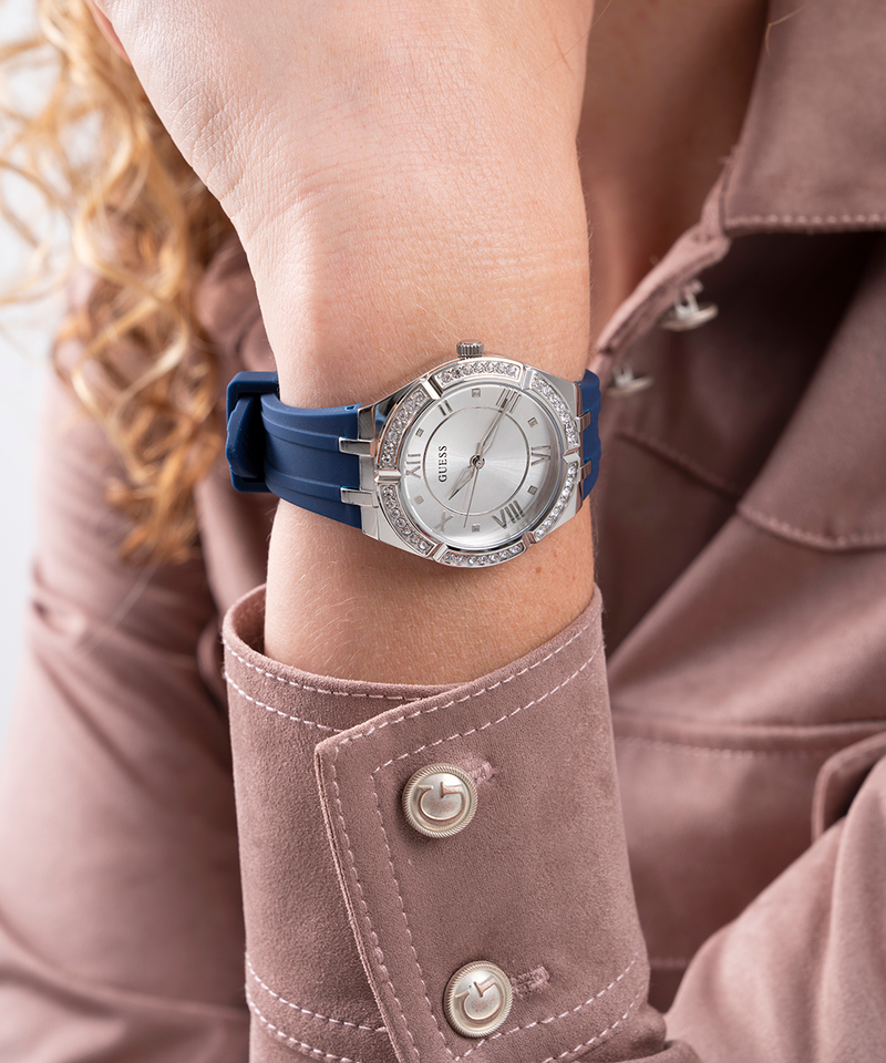 Guess Cosmo Diamonds Silver Dial Blue Rubber Strap Watch for Women - GW0034L5 Buy Now By Guess