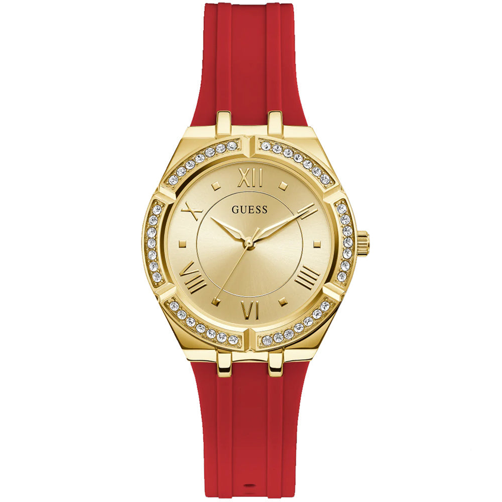 Guess Cosmo Diamonds Gold Dial Red Rubber Strap Watch for Women - GW0034L6 Buy Now By Guess