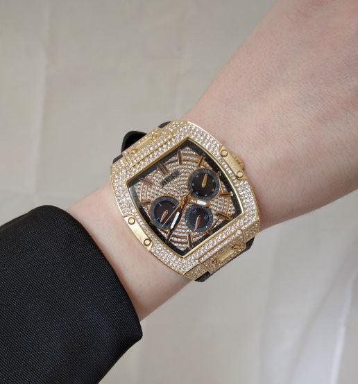 Guess Phoenix Multifunction Crystals Gold Dial Black Silicone Strap Watch For Men - GW0048G2 Buy Now By Guess