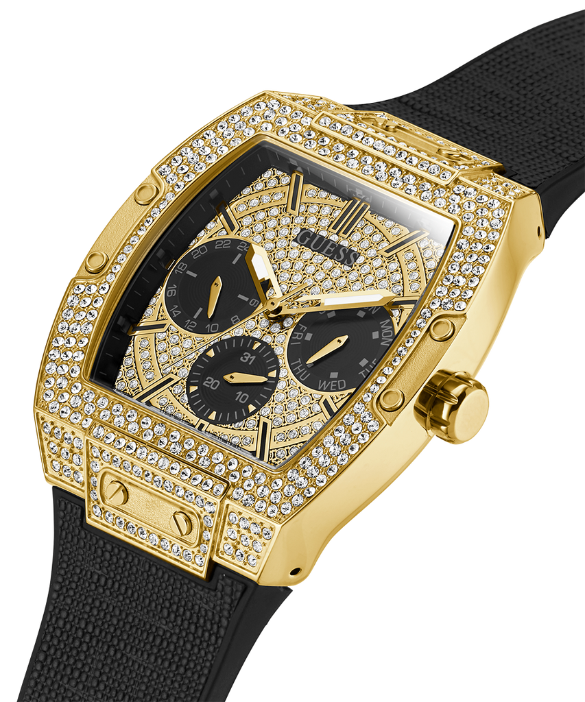 Guess Phoenix Multifunction Crystals Gold Dial Black Silicone Strap Watch For Men - GW0048G2 Buy Now By Guess