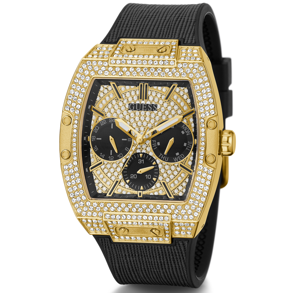 Guess Phoenix Multifunction Crystals Gold Dial Black Silicone Strap Watch For Men - GW0048G2 Buy Now By Guess