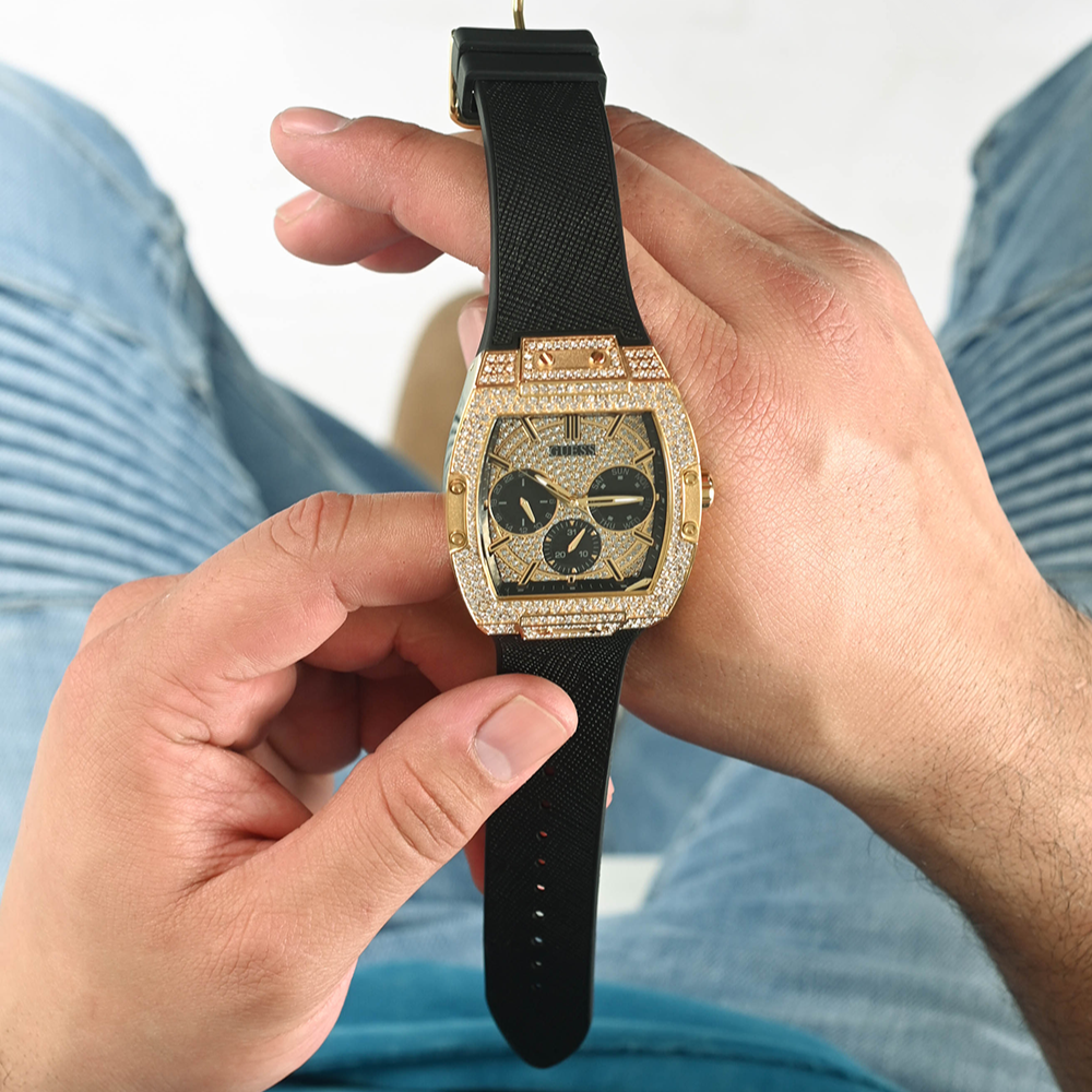 Guess Phoenix Multifunction Crystals Gold Dial Black Silicone Strap Watch For Men - GW0048G2 Buy Now By Guess
