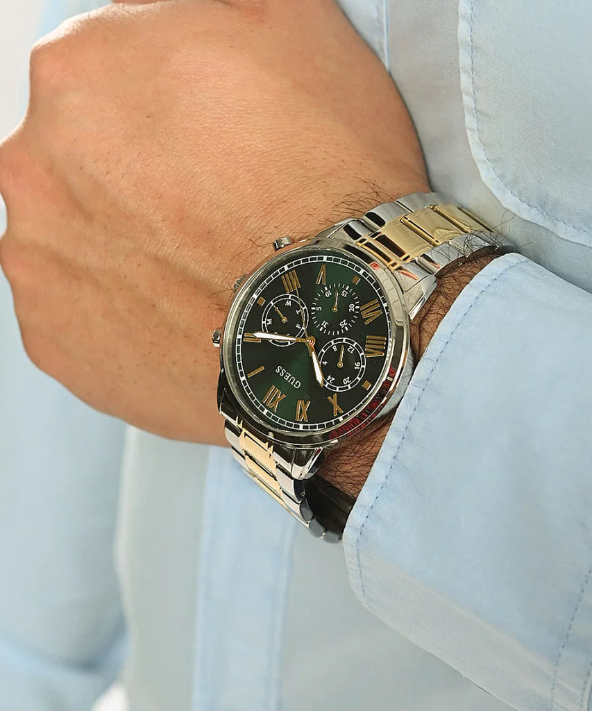 Guess Hendrix Green Dial Two Tone Steel Strap Watch For Men - GW0066G2 Buy Now By Guess