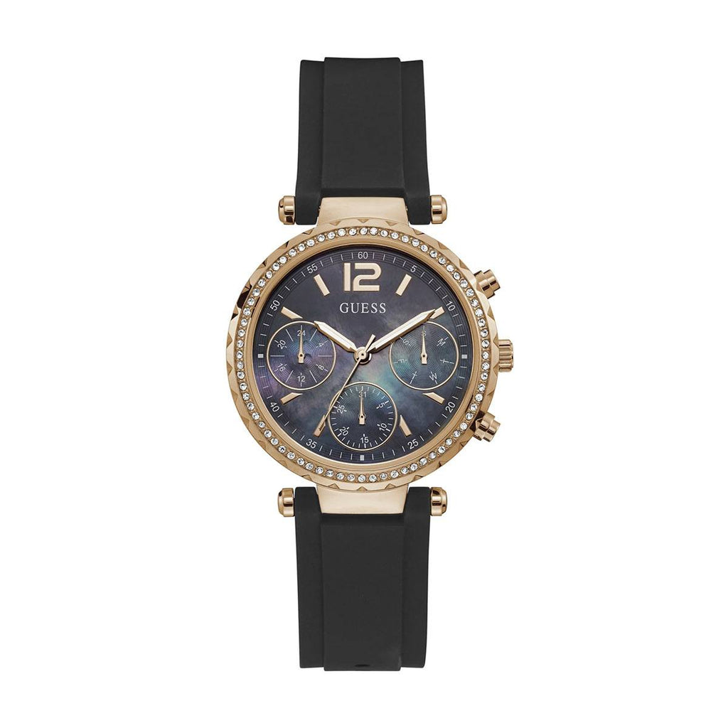 Guess Solstice Diamonds Black Mother of Pearl Dial Black Rubber Strap Watch for Women - GW0113L2 Buy Now By Guess